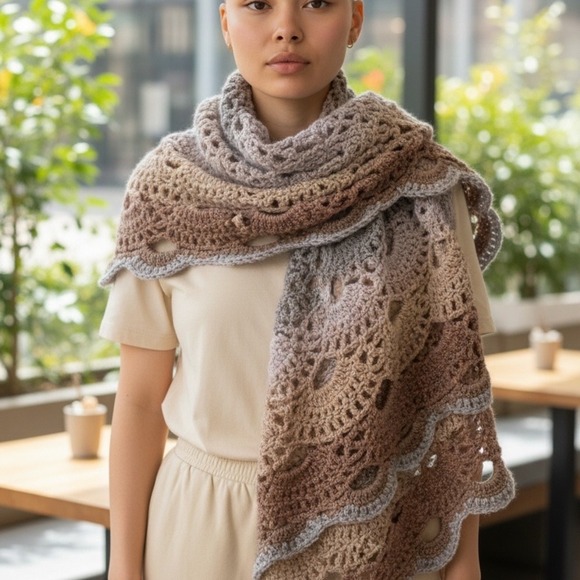Handmade Crochet Ombre Shawl Scarf Wrap Beige Brown Gray Lace Trim - Picture 3 of 5